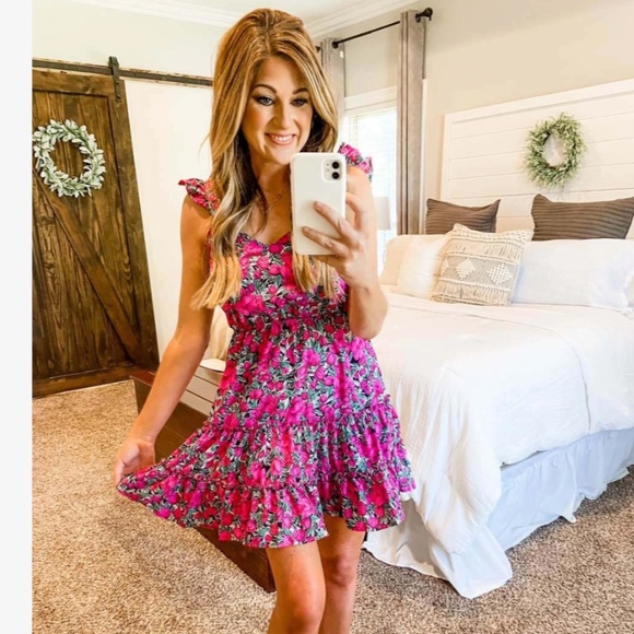 Floral Print Mini Dress Ruffle Detail Tie Back Fuchsia Green White - Picture 9 of 16